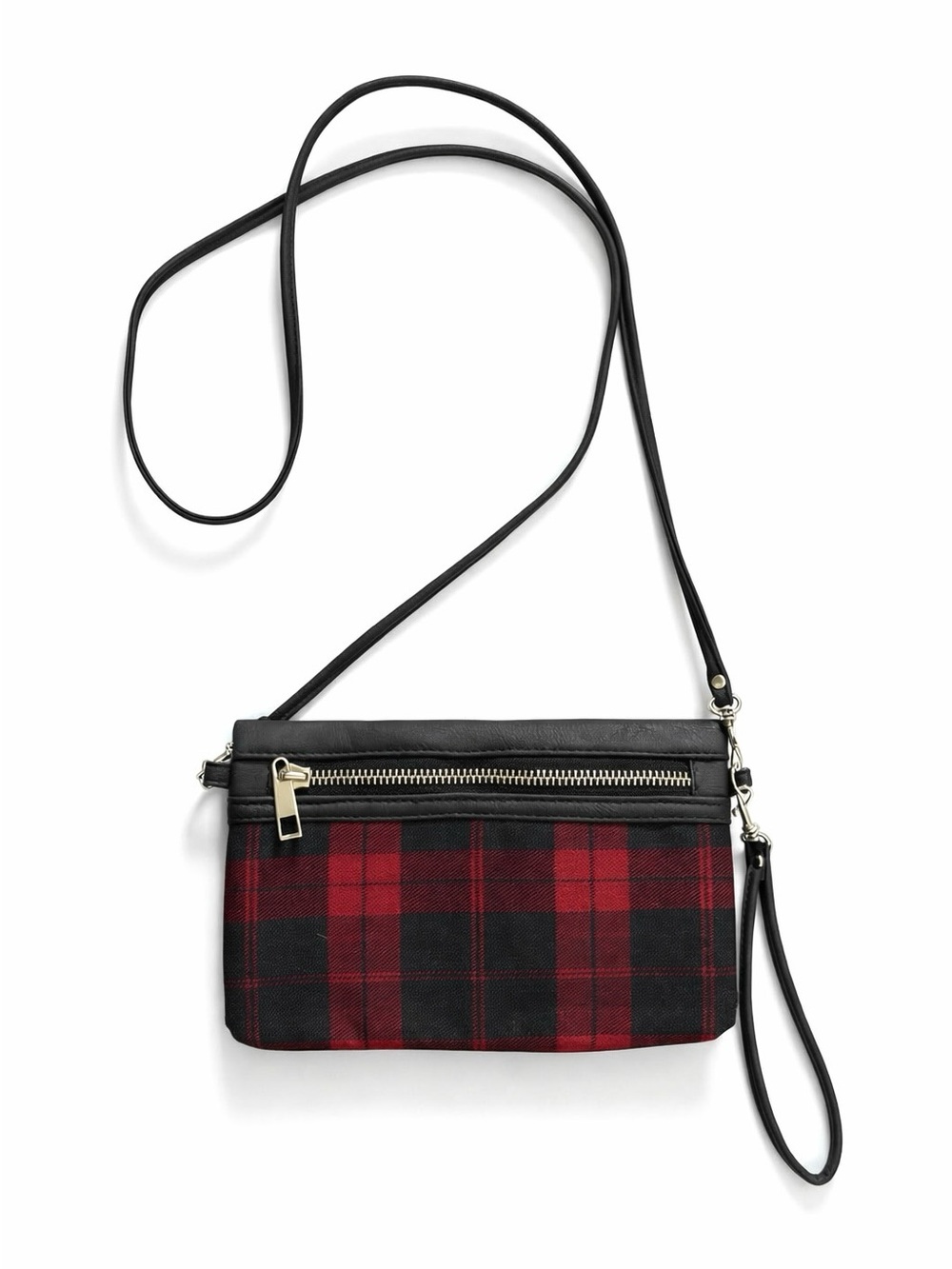 5/$25 Plaid and Faux Leather Crossbody Waller Wristlet